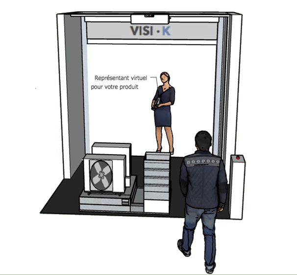 Illustration du kiosque Visi-K : une représentante virtuelle projetée à côté d'une thermopompe